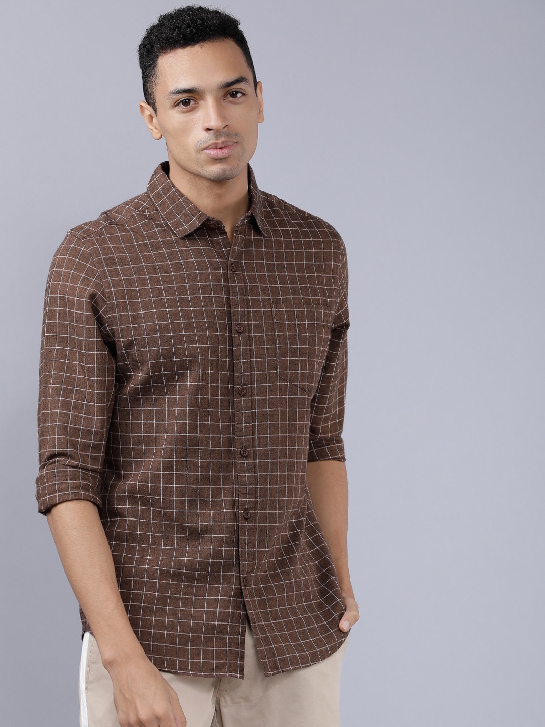 

HIGHLANDER Men Brown Slim Fit Grid Tattersall Checks Checked Casual Shirt