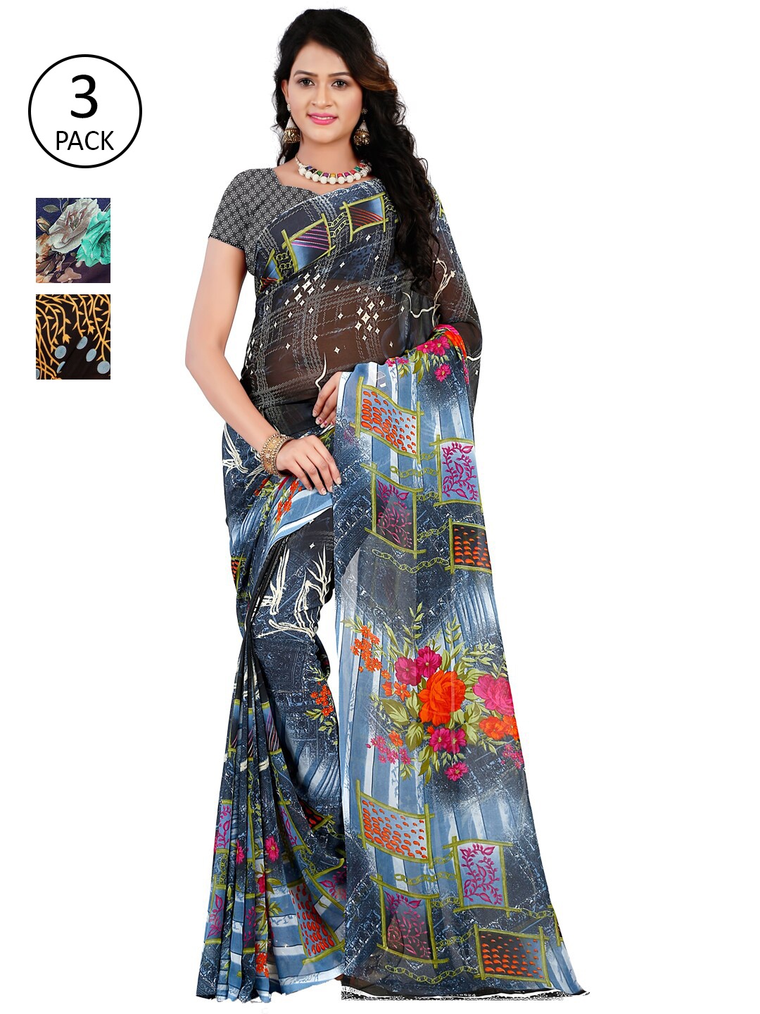 

ANAND SAREES Pack Of 3 Grey & Navy Blue Floral Sarees