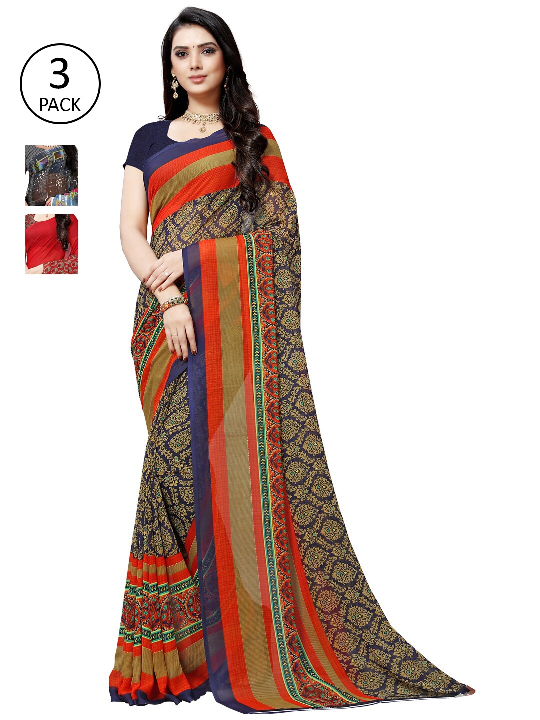 

ANAND SAREES Pack Of 3 Navy Blue & Orange Ethnic Motifs Sarees