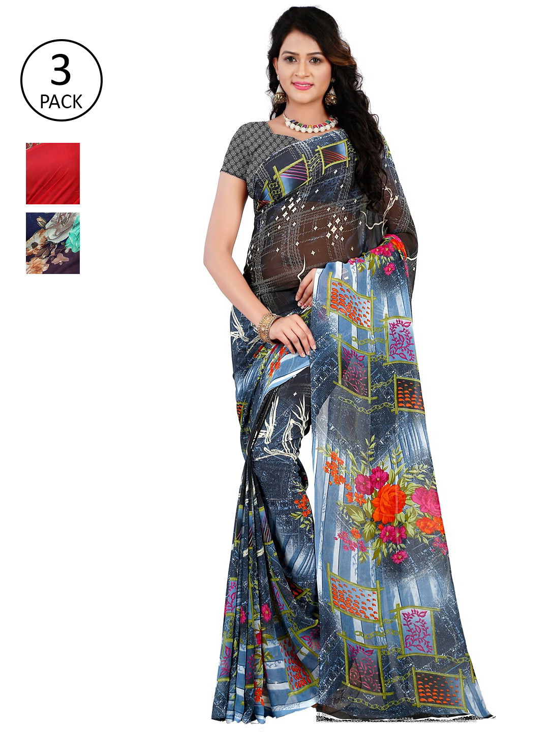 

ANAND SAREES Pack of 3 Floral Printed Saree, Multi
