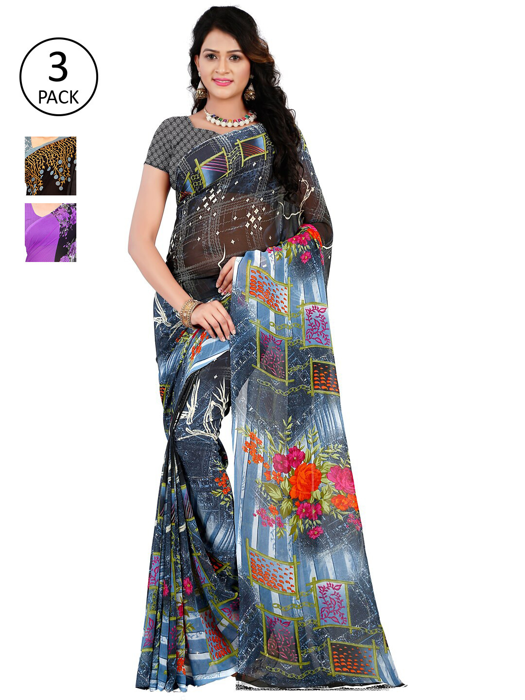 

ANAND SAREES Pack Of 3 Blue & Black Poly Georgette Floral Saree
