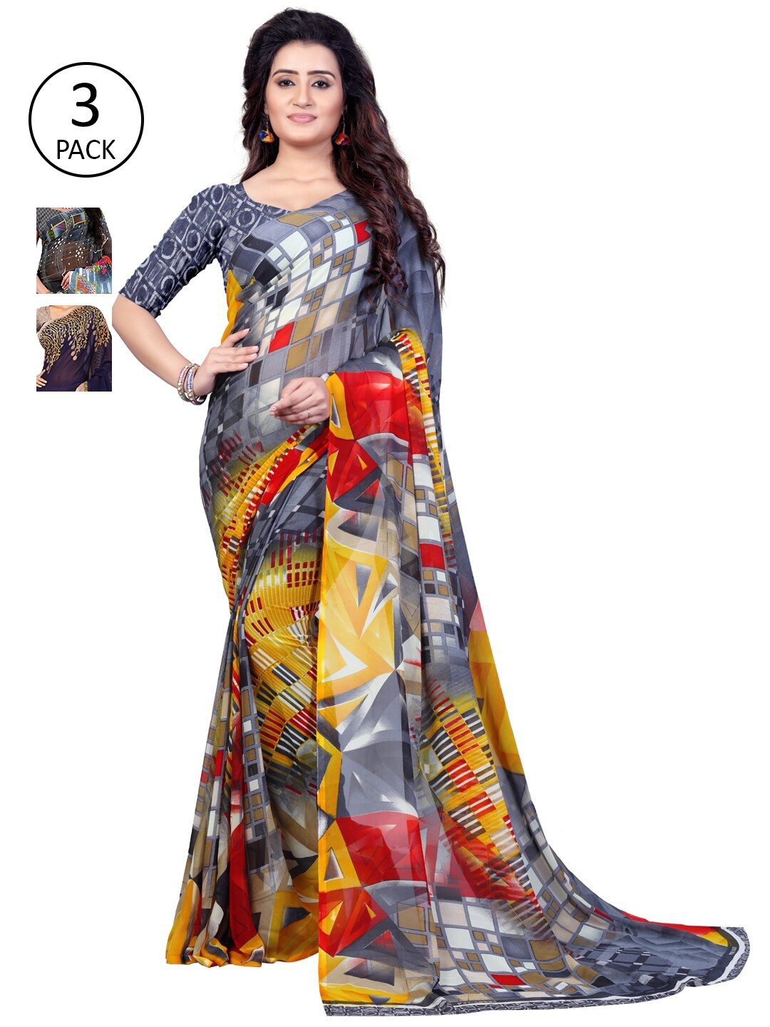 

ANAND SAREES Pack of 3 Poly Georgette Sarees, Grey
