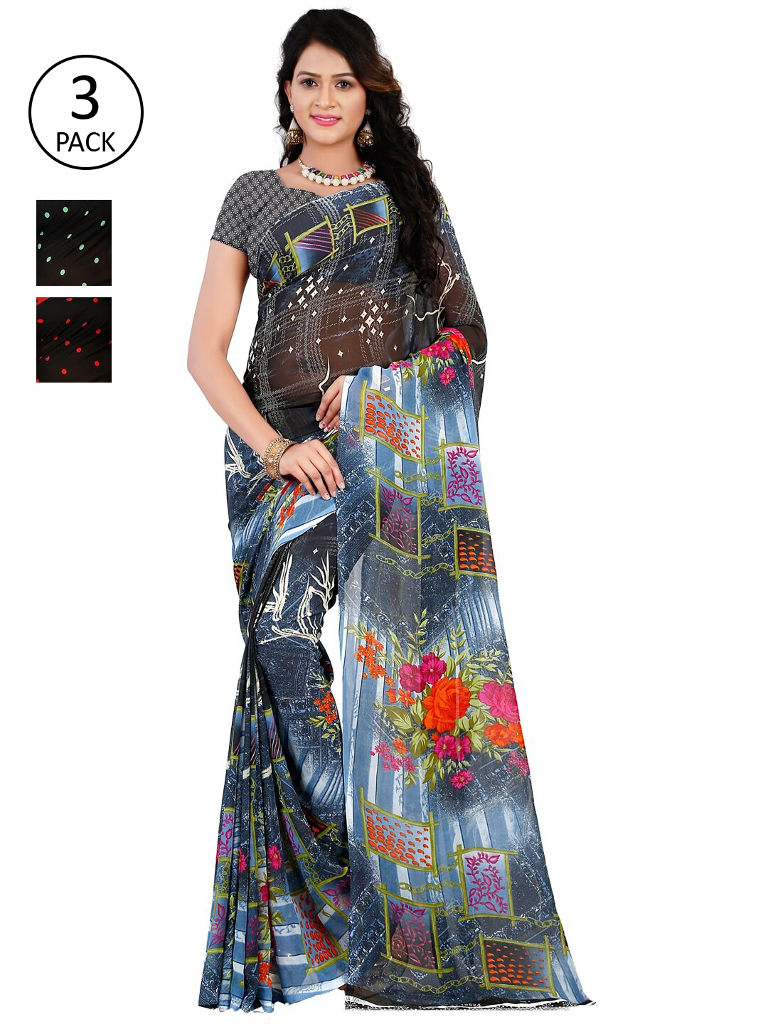 

ANAND SAREES Pack Of 3 Red & Green Poly Georgette Floral Saree