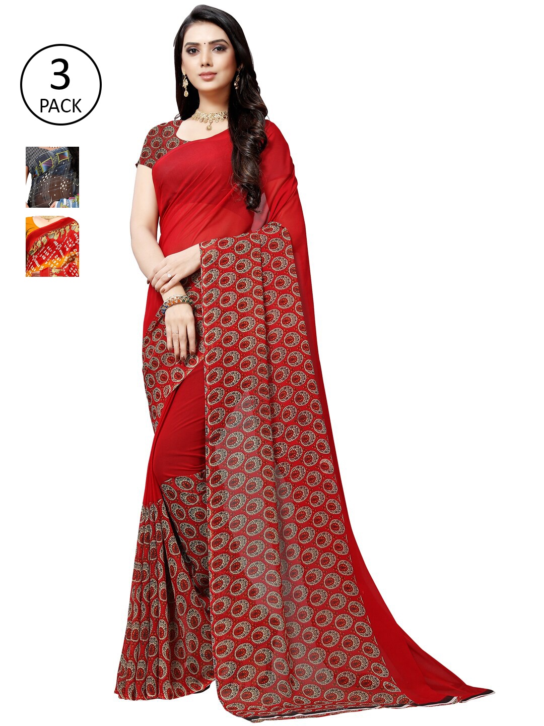 

KALINI Pack Of 3 Red & Yellow Poly Georgette Bandhani Saree