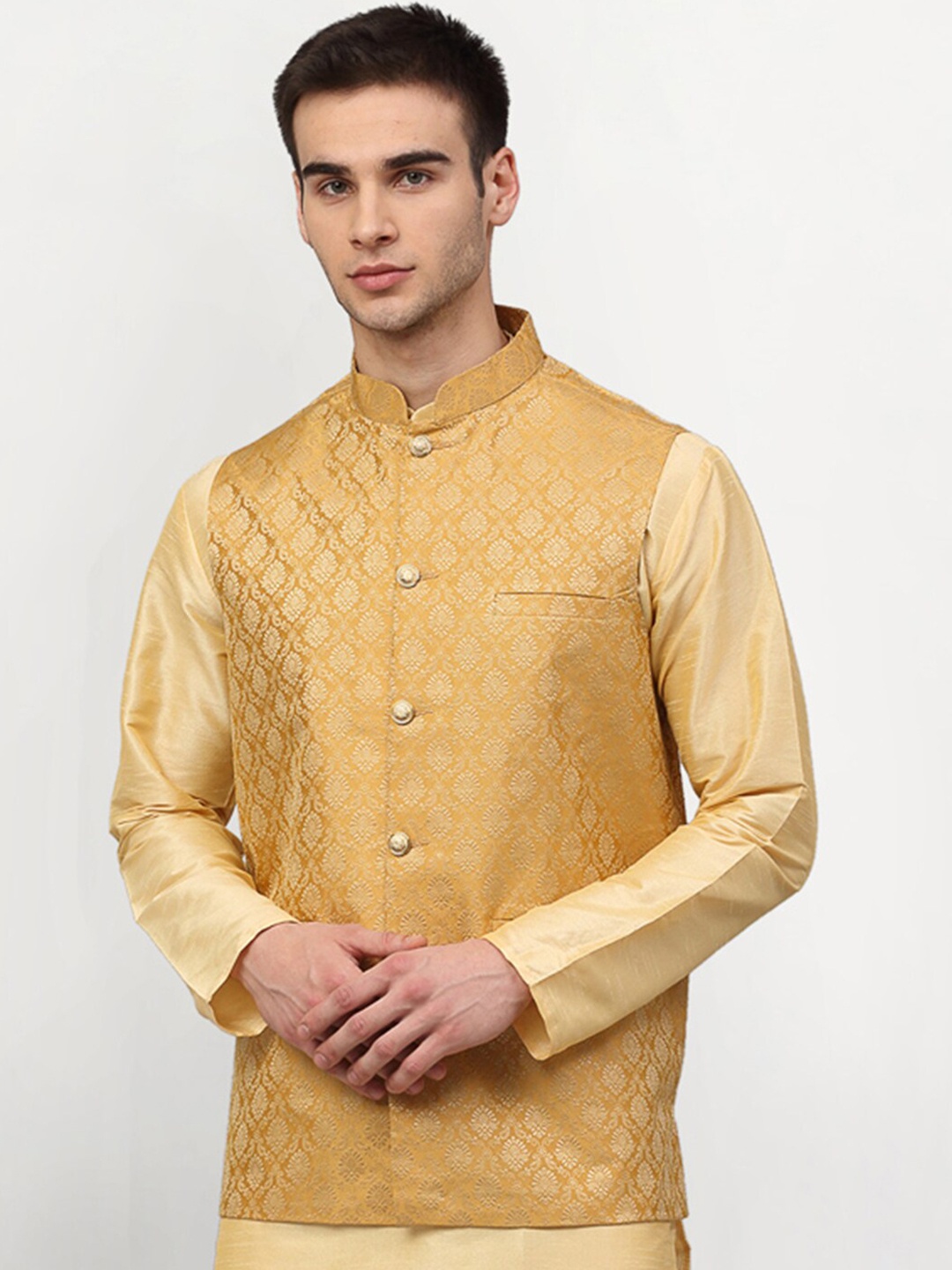 

Jompers Men Gold-Coloured Woven Design Nehru Jacket