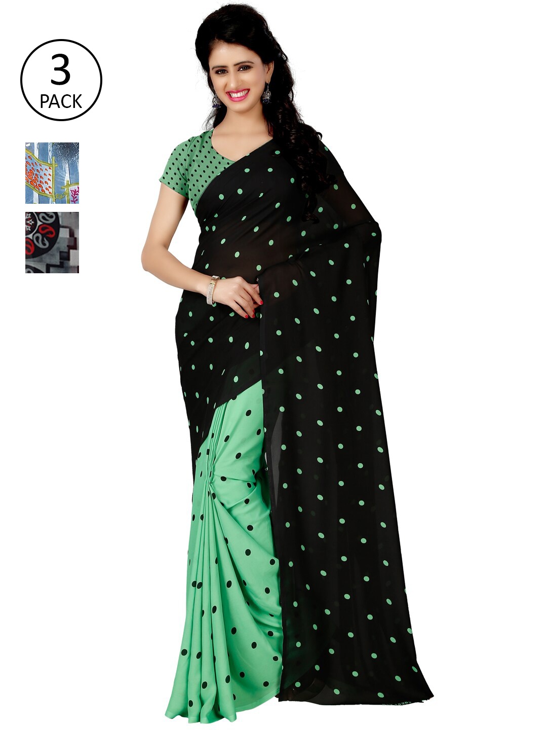 ANAND SAREES Pack Of 3 Black & Green Floral Half and Half Sarees