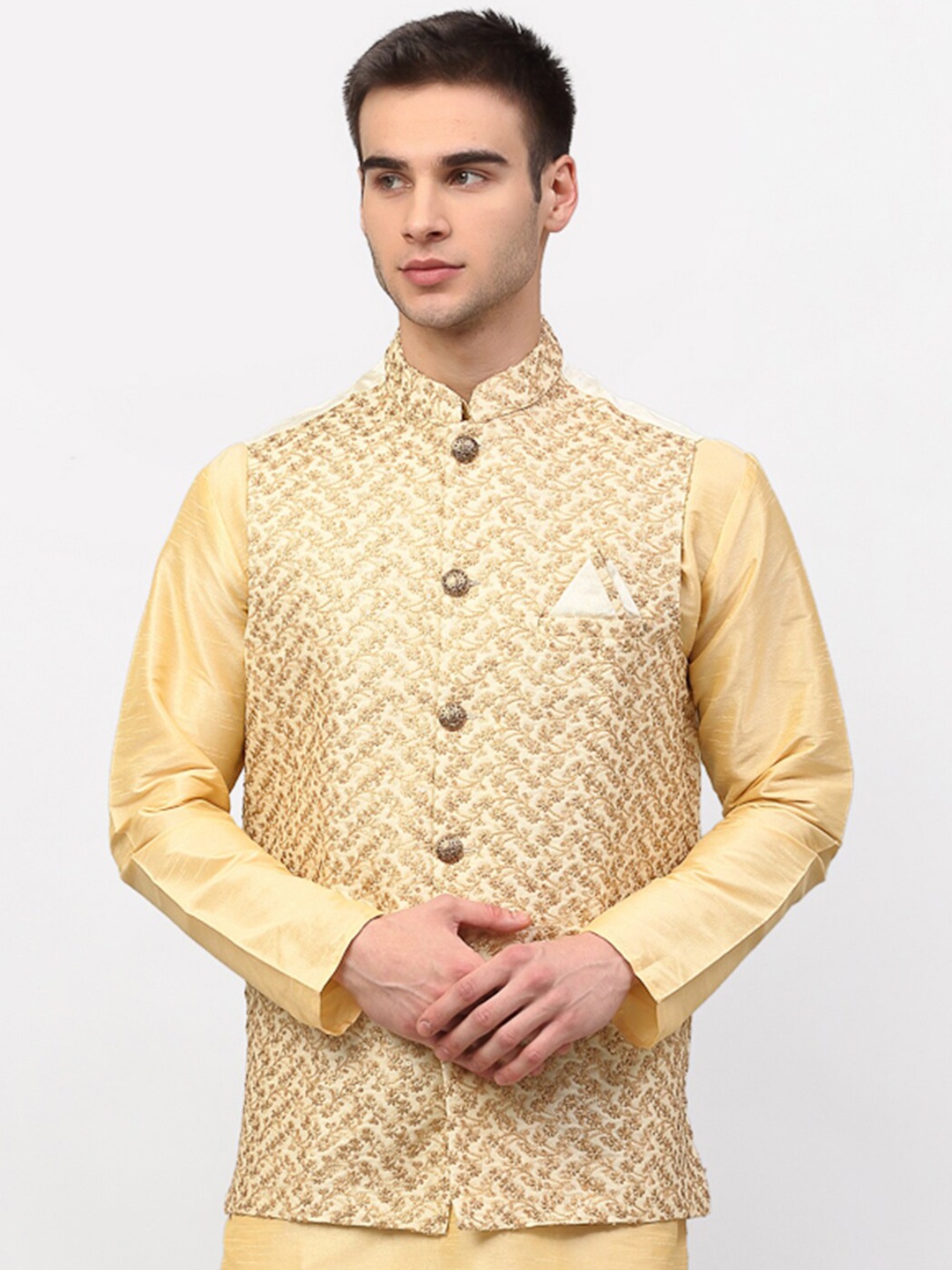 

Jompers Men Cream-Coloured & Gold-Coloured Embroidered Nehru Jacket