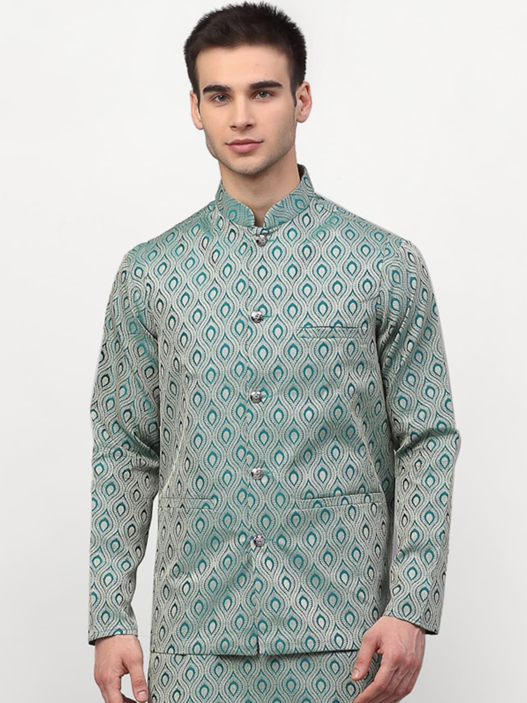 

Jompers Men Sea Green Woven Design Nehru Jacket