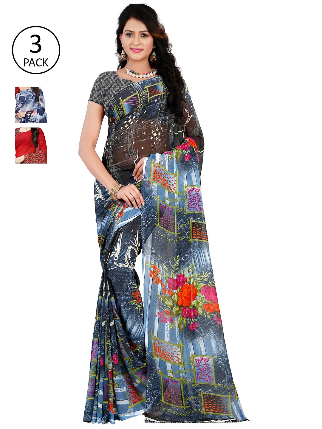 

ANAND SAREES Pack of 3 Poly Georgette Saree, Navy blue