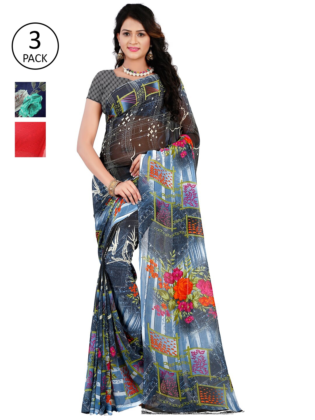 

ANAND SAREES Pack Of 3 Poly Georgette Sarees, Grey