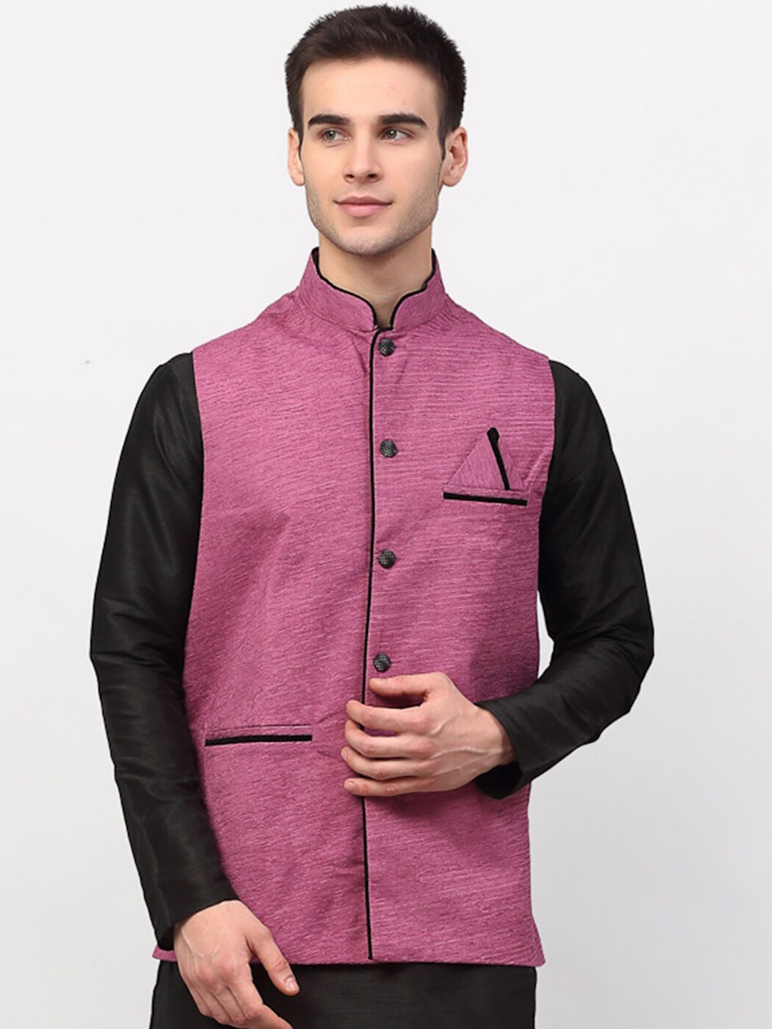 

Jompers Men Purple & Black Woven-Design Nehru Jacket