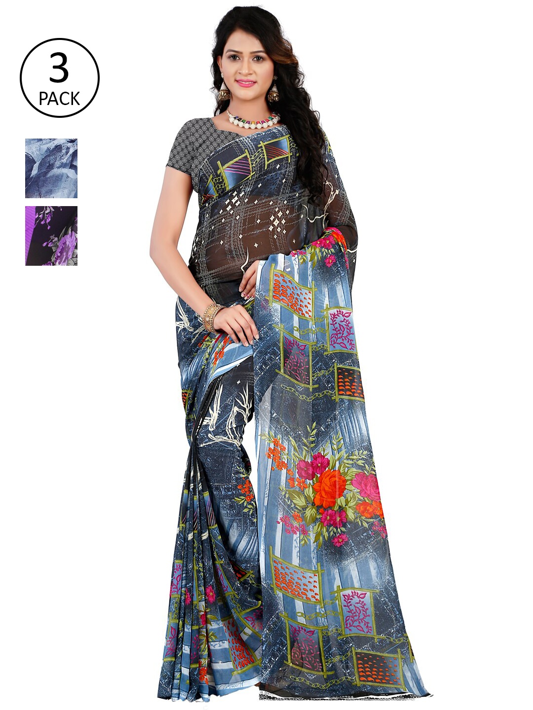 

ANAND SAREES Pack Of 3 Navy Blue & Black Floral Sarees
