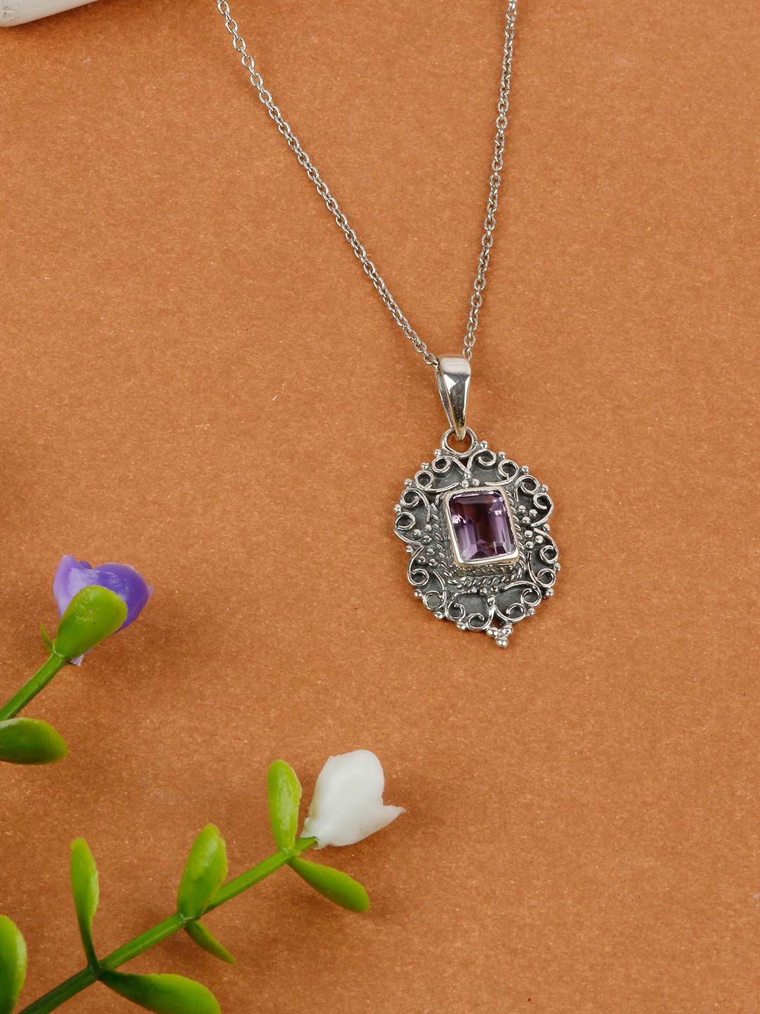GIVA 925 Sterling Silver Rhodium-Plated Purple CZ-Studded Pendant With Chain