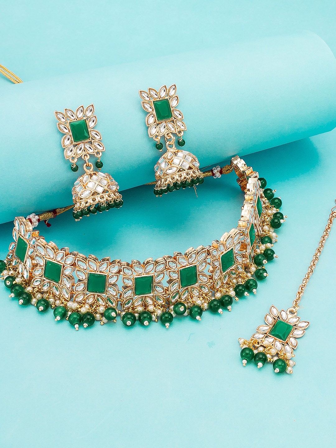 

aadita Gold-Plated Green & White Stone-Studded Jewellery Set