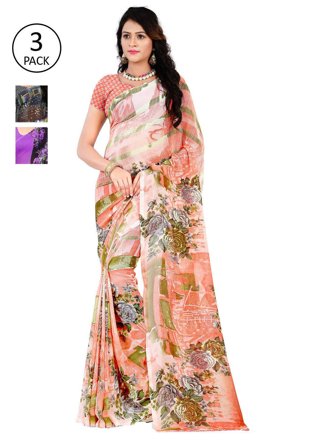 

Pack Of 3 ANAND SAREES Purple & Grey Poly Georgette Floral Saree