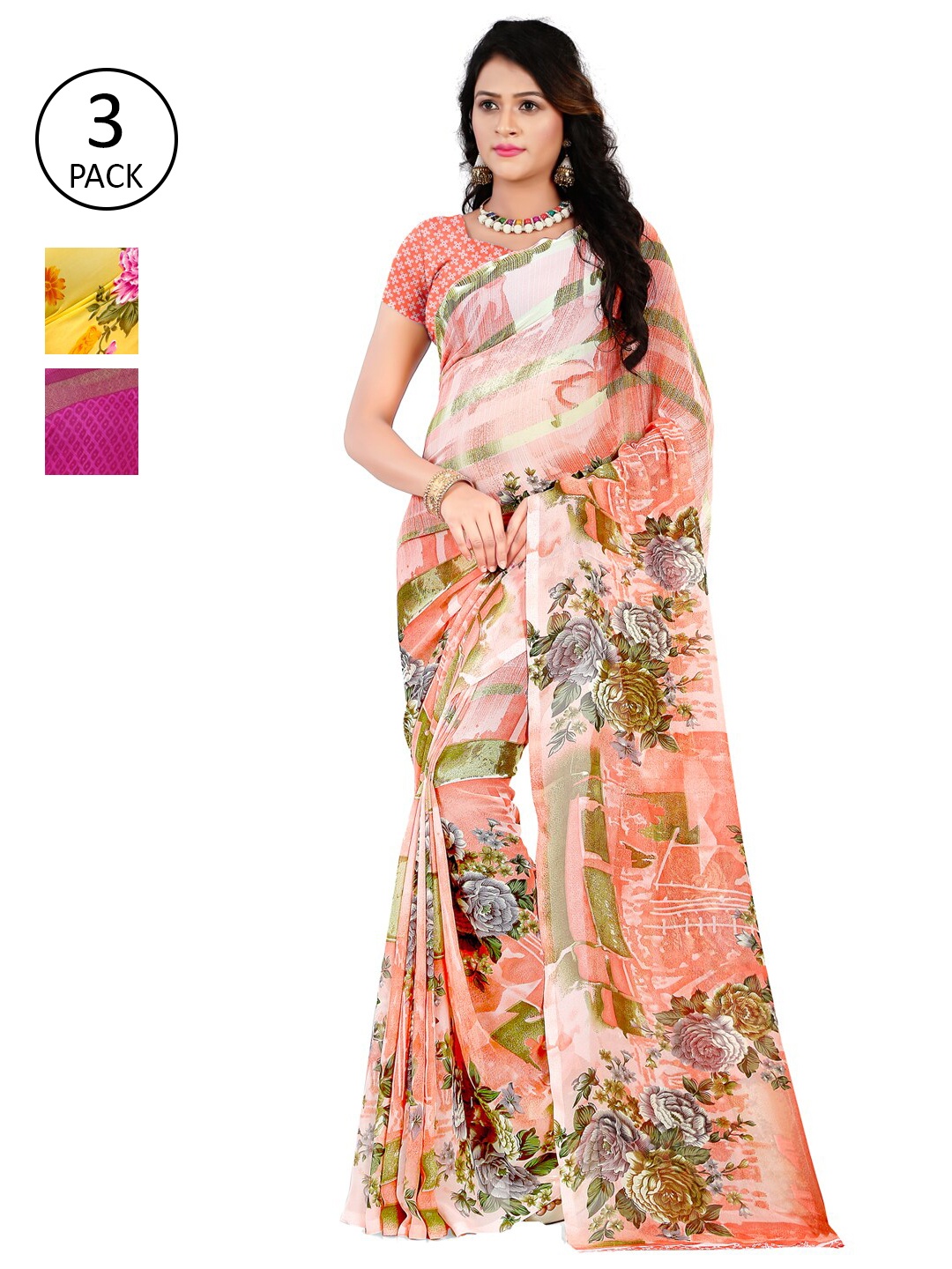 

ANAND SAREES Pack of 3 Floral Printed Saree, Multi