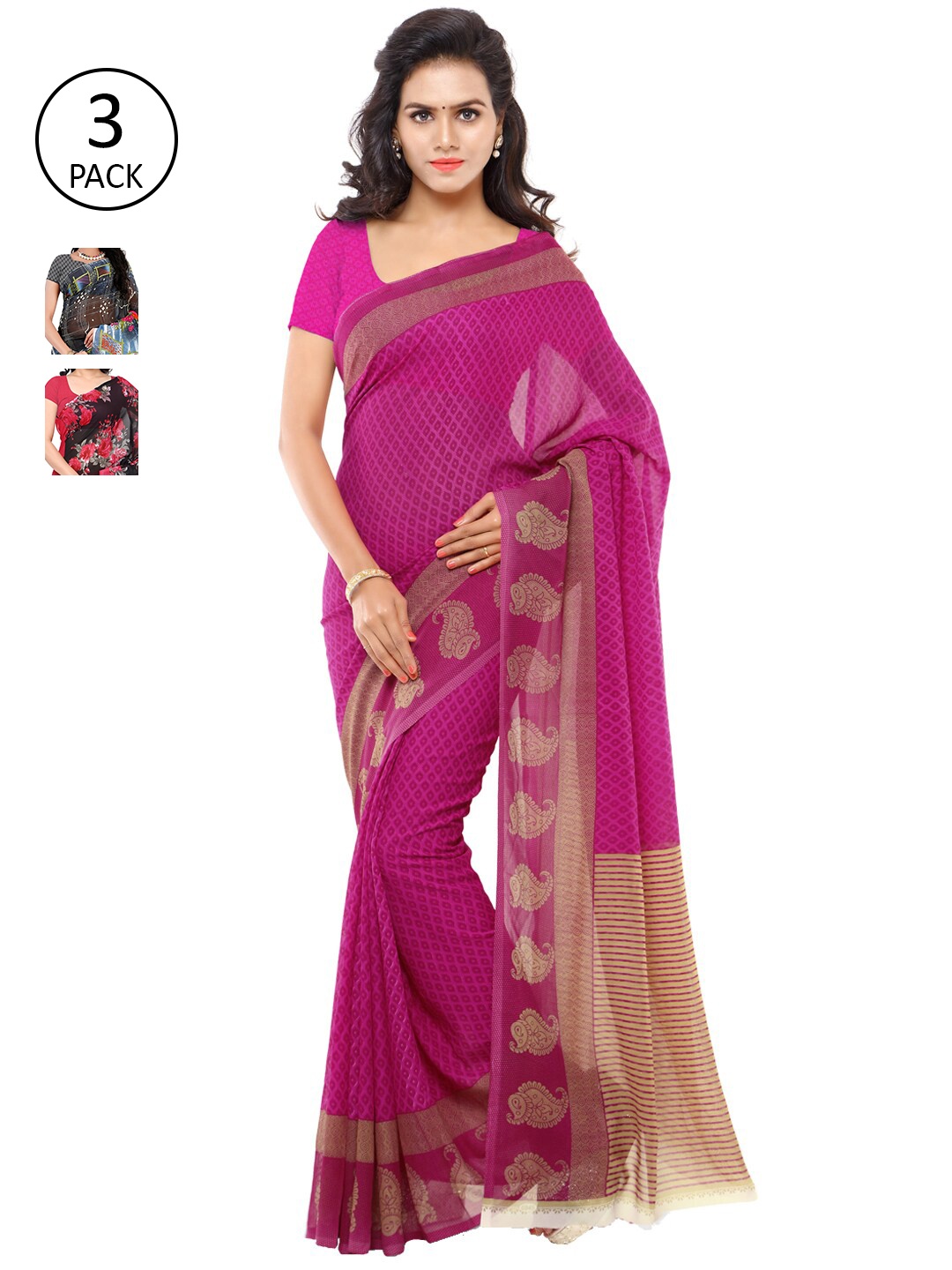 

ANAND SAREES Pack Of 3 Poly Georgette Sarees, Grey