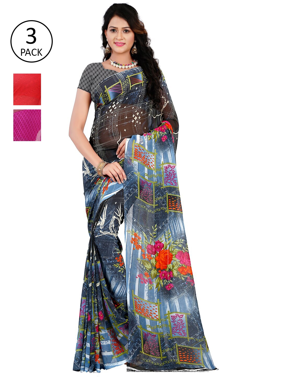 ANAND SAREES Pack Of 3 Poly Georgette Floral Sarees, Blue