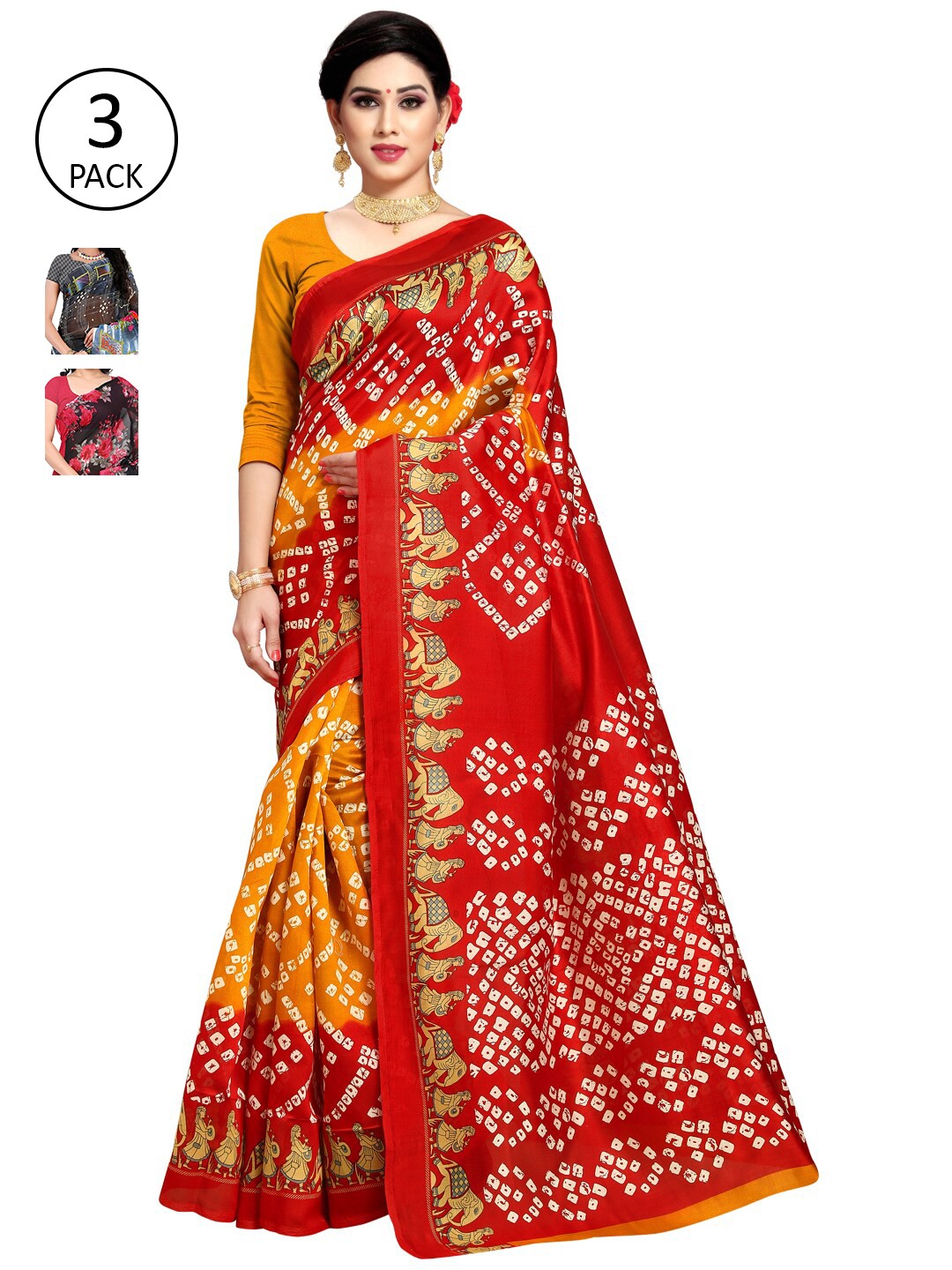 

KALINI Pack Of 3 Red & Grey Floral Bandhani Sarees