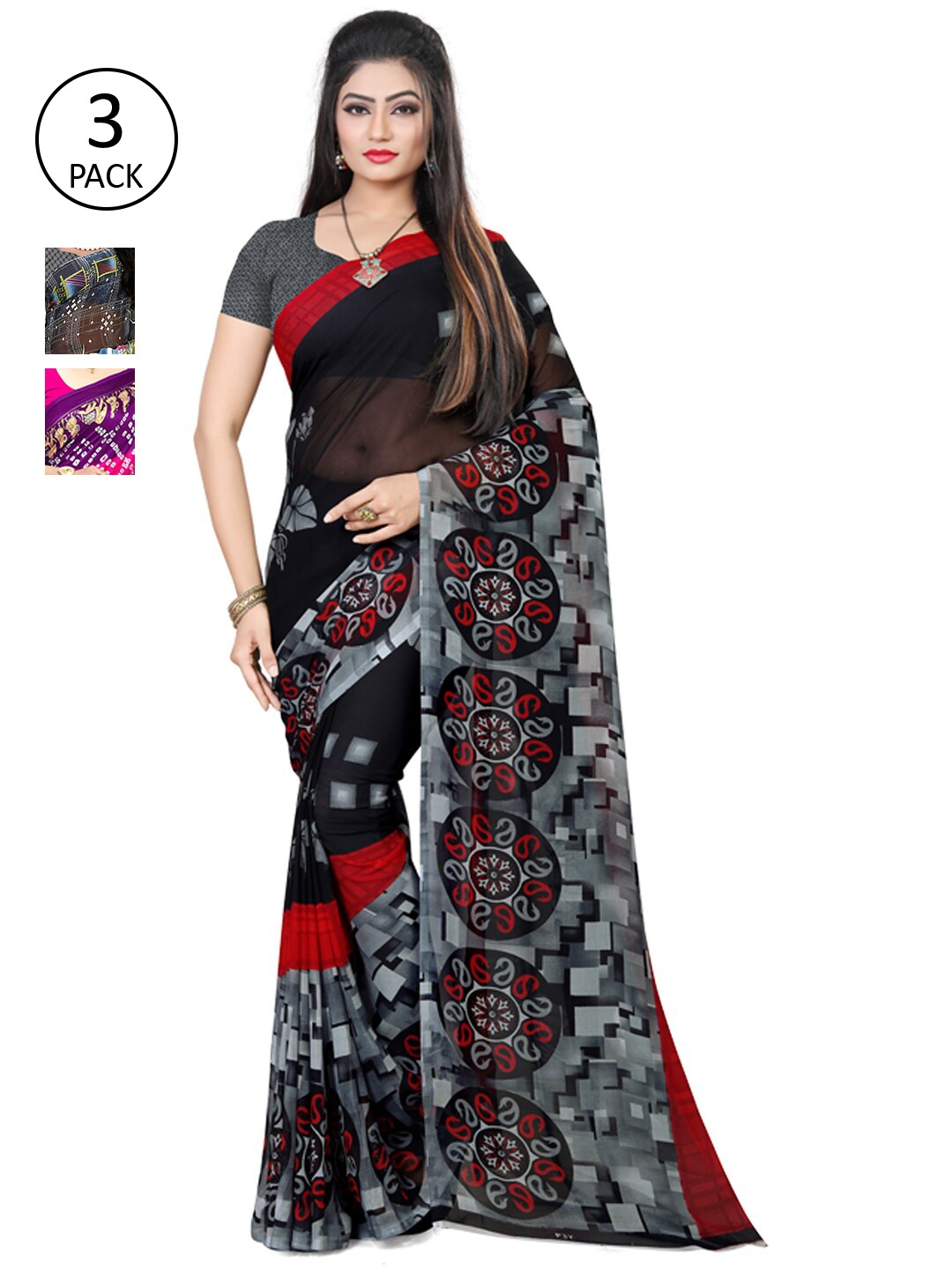 

KALINI Pack of 3 Poly Georgette Saree, Blue