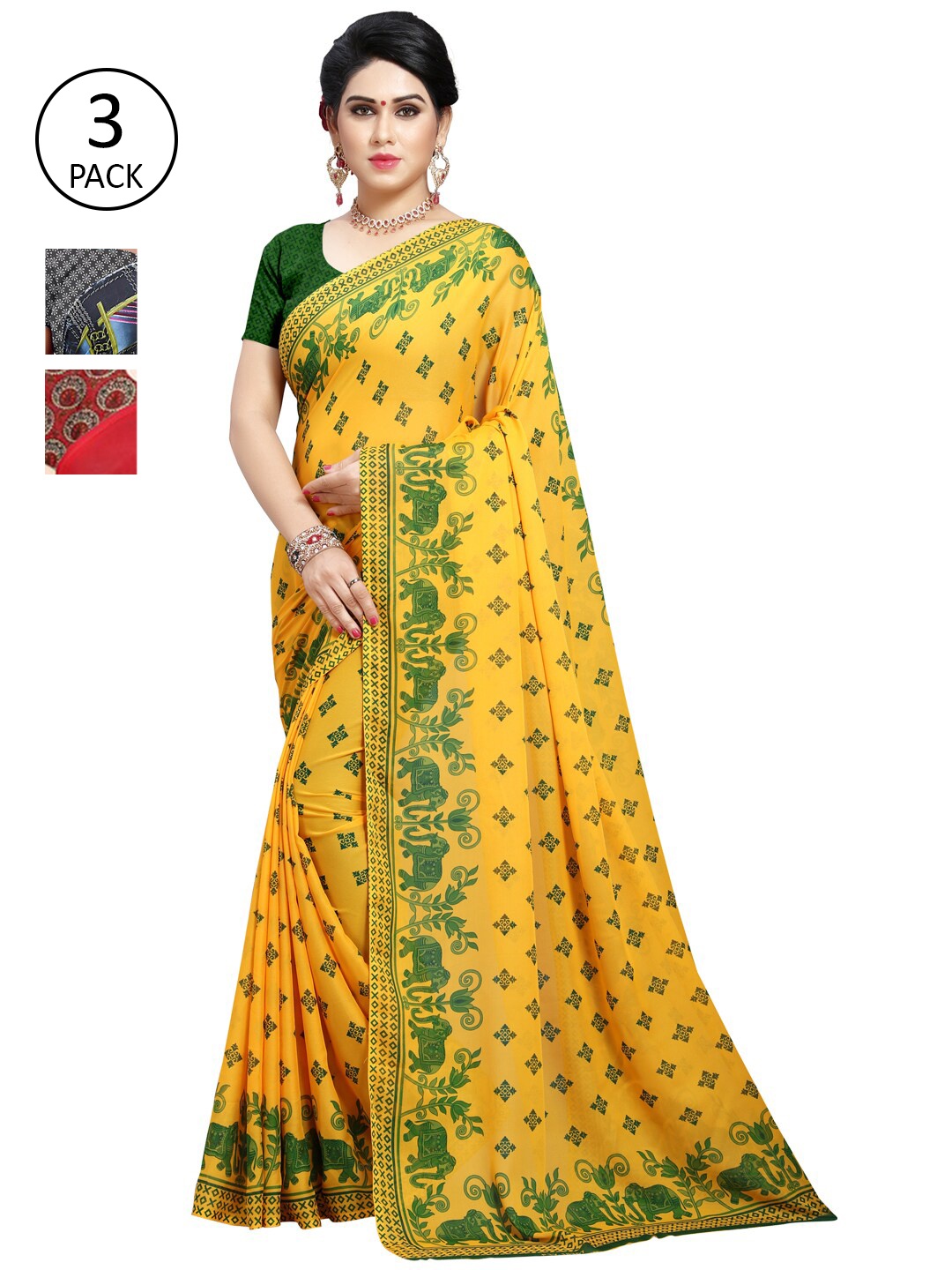 

ANAND SAREES Pack of 3 Poly Georgette Sarees, Blue