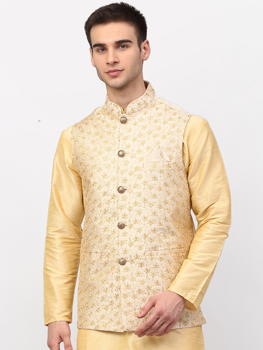 

Jompers Men Cream-Coloured & Gold-Coloured Embroidered Woven Nehru Jacket