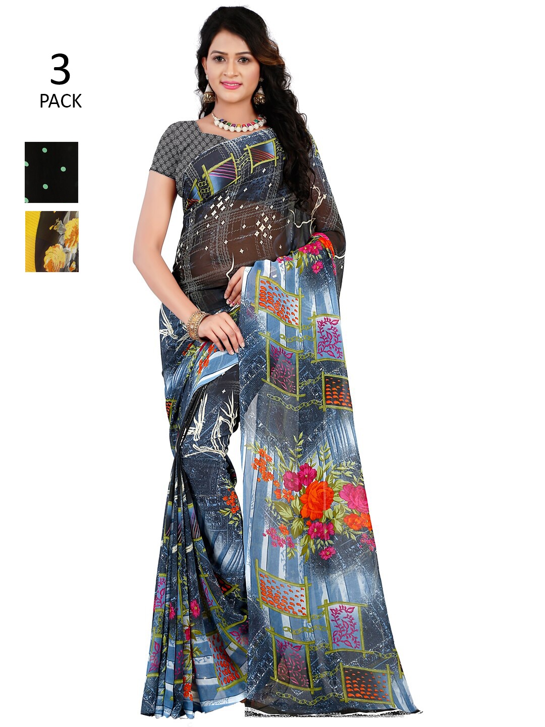 ANAND SAREES Pack Of 3 Poly Georgette Sarees, Blue