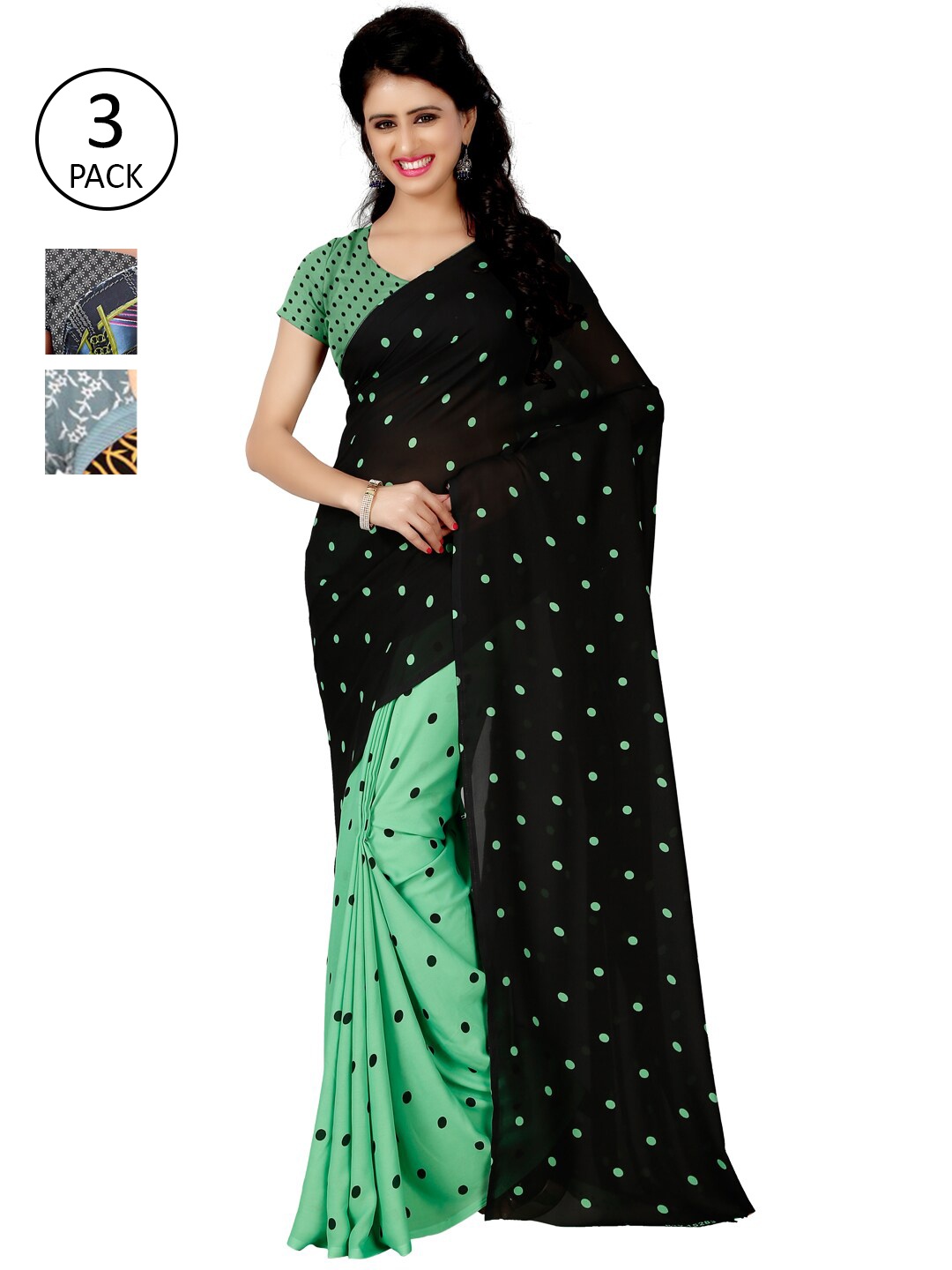 ANAND SAREES Pack Of 3 Black & Green Floral Half and Half Sarees