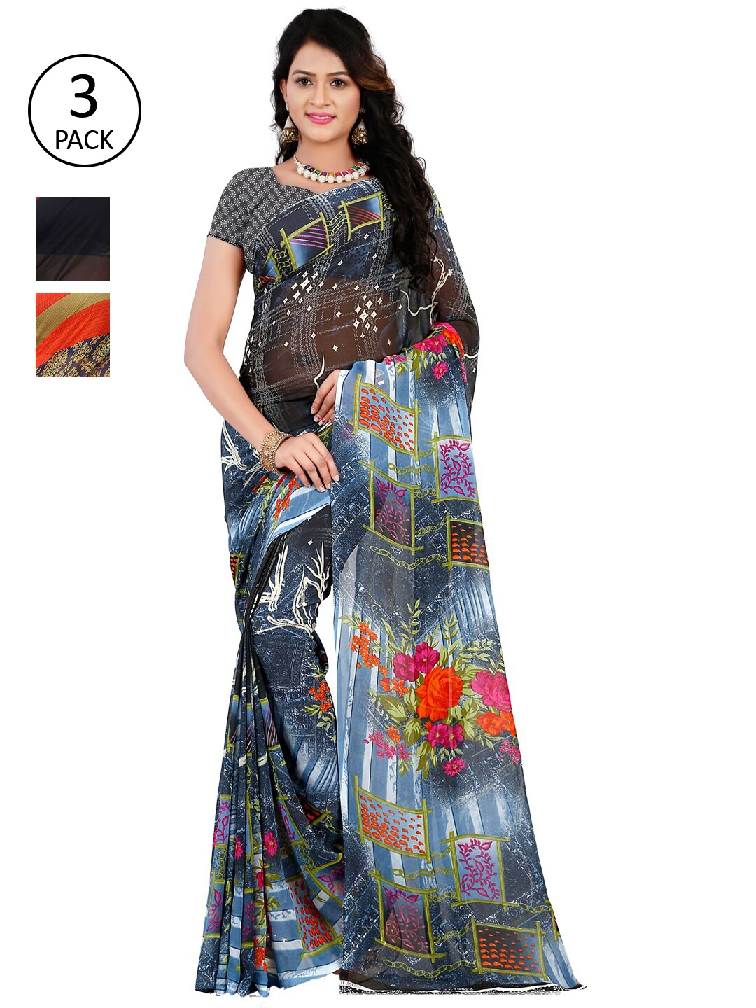 

ANAND SAREES Pack Of 3 Navy Blue & Grey Ethnic Motifs Poly Georgette Saree