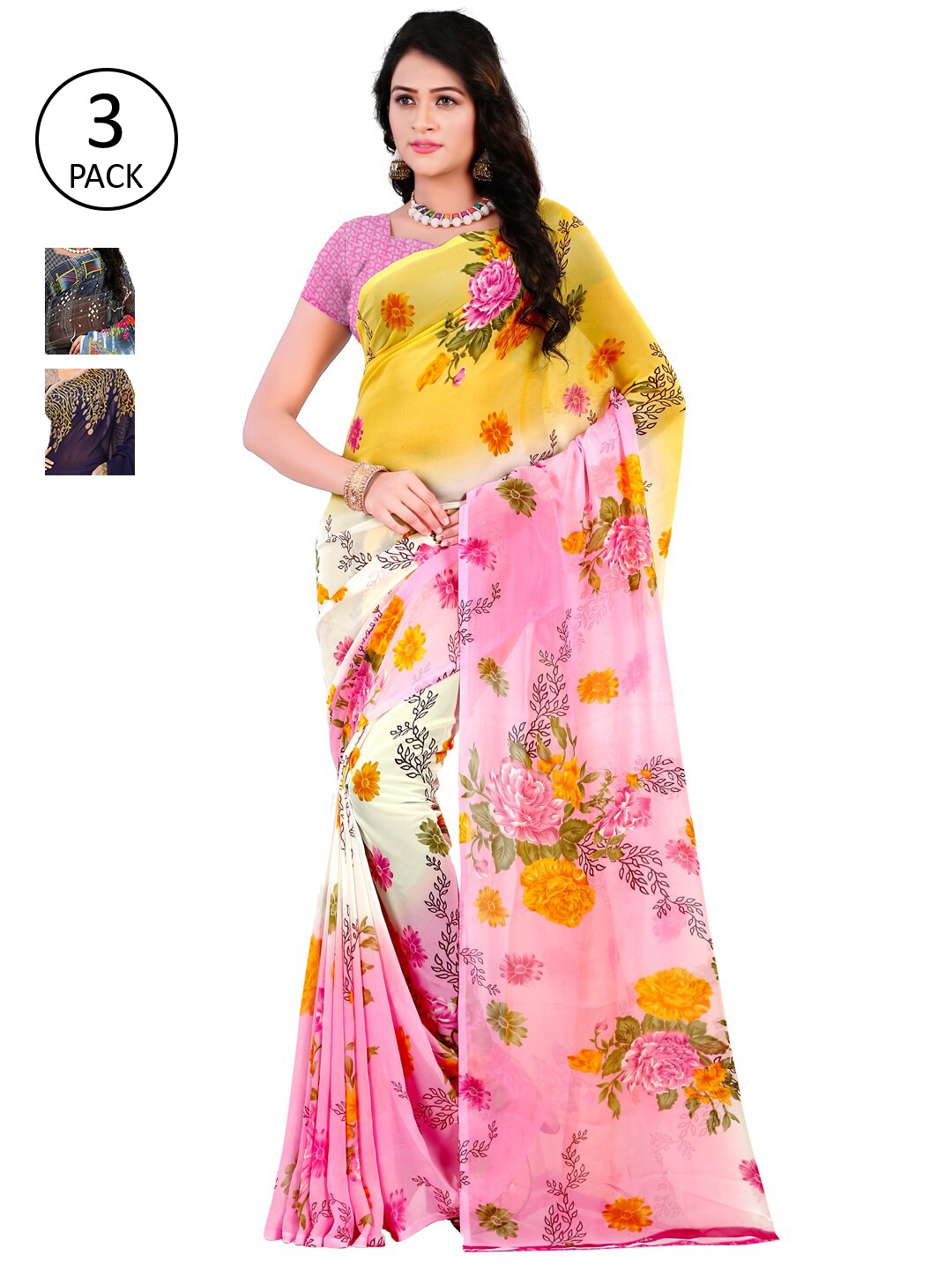 ANAND SAREES Pack of 3 Poly Georgette Sarees, Pink