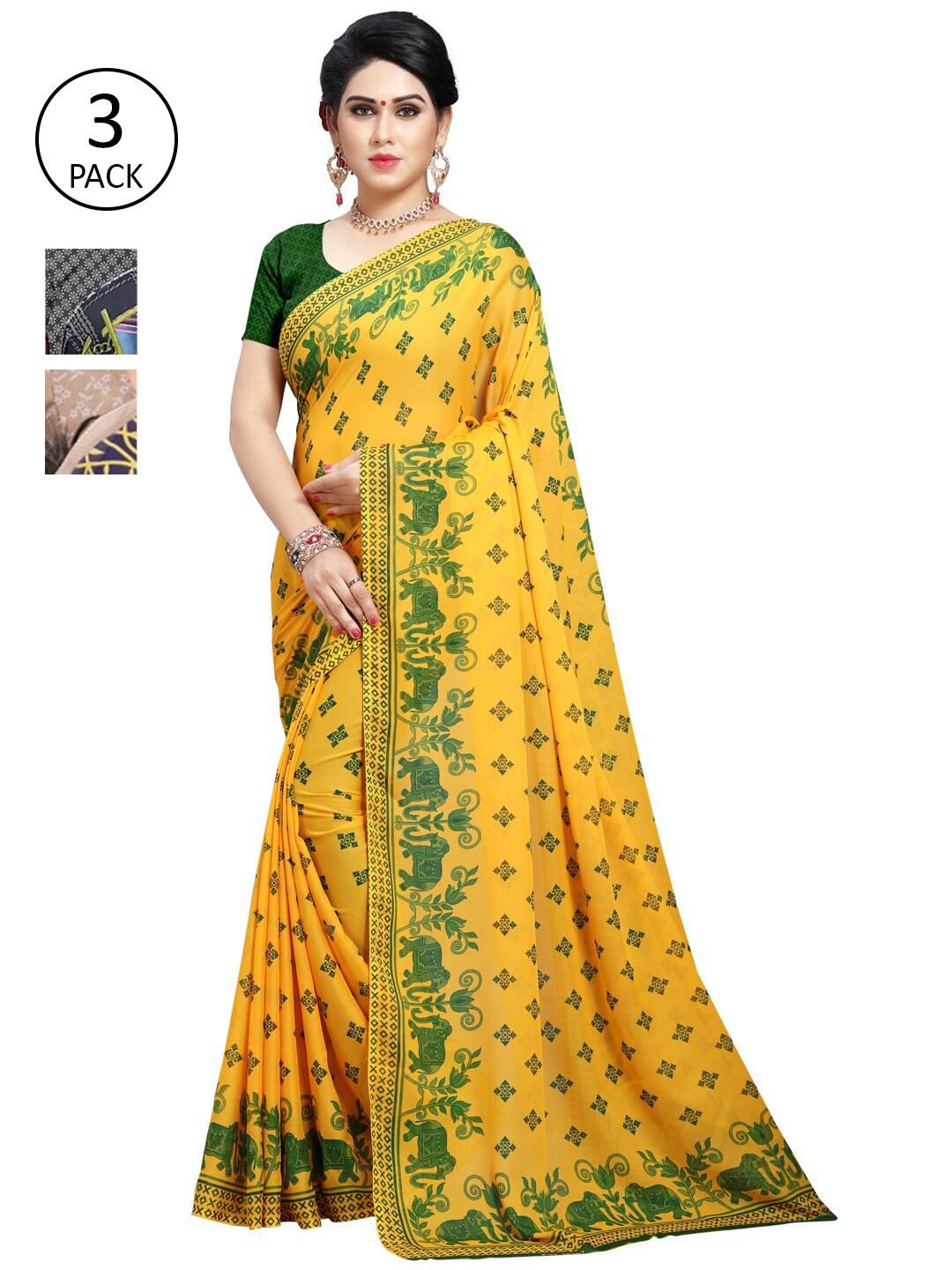 

ANAND SAREES Pack Of 3 Poly Georgette Sarees, Blue