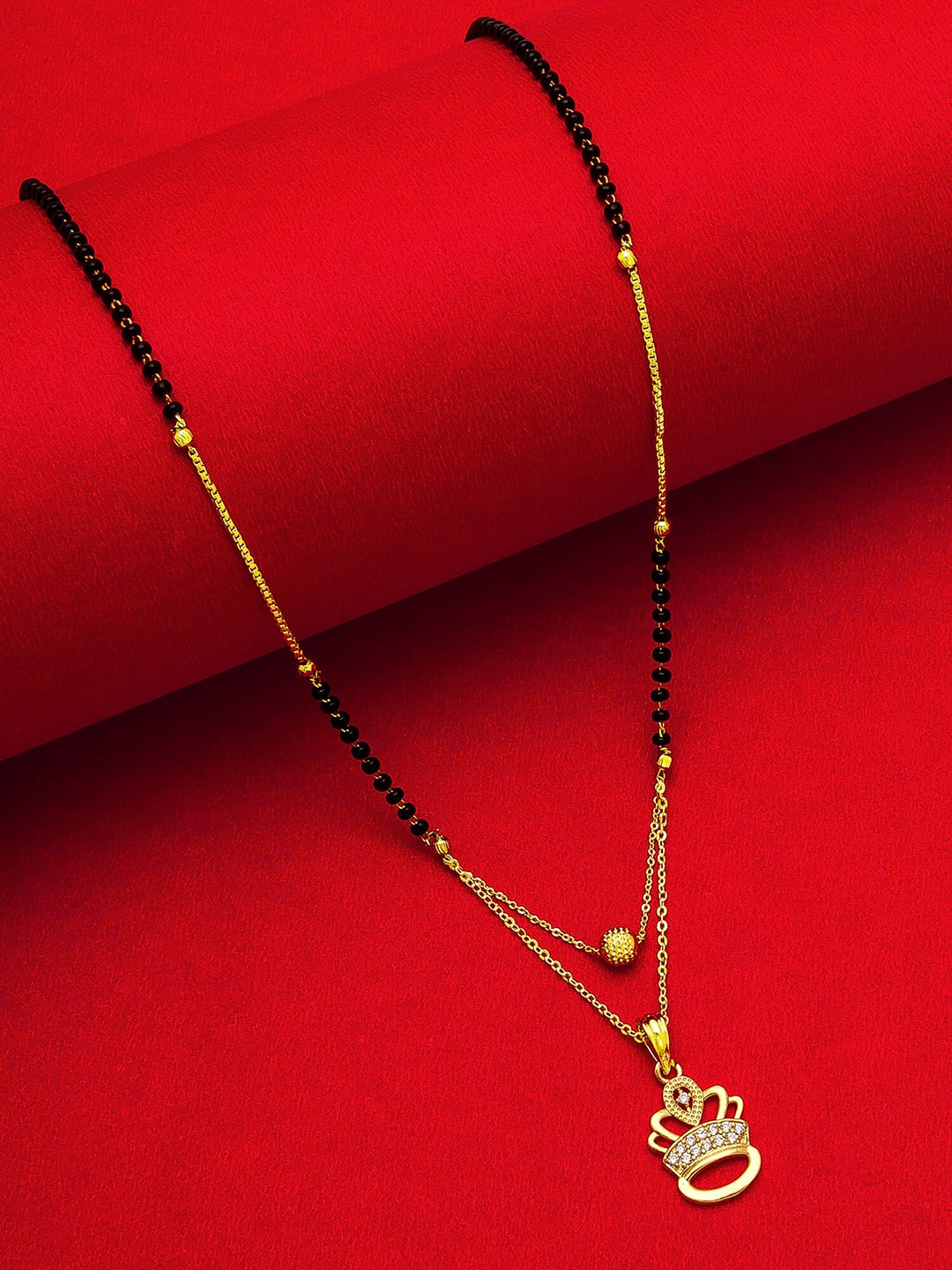 

aadita Gold-Plated Black & White AD-Studded & Beaded Mangalsutra