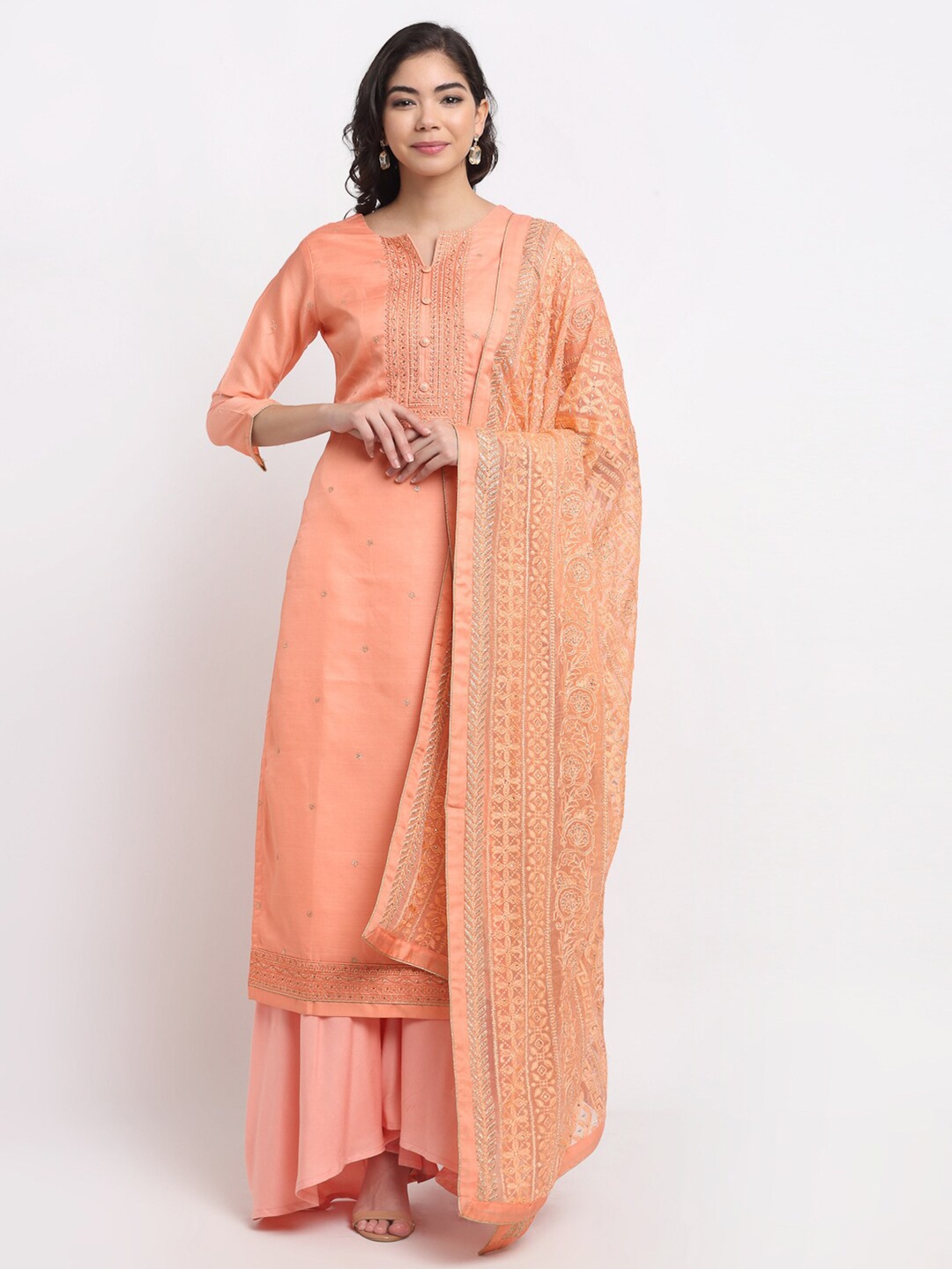

Stylee LIFESTYLE Peach & Silver-Toned Embroidered Pure Silk Unstitched Dress Material