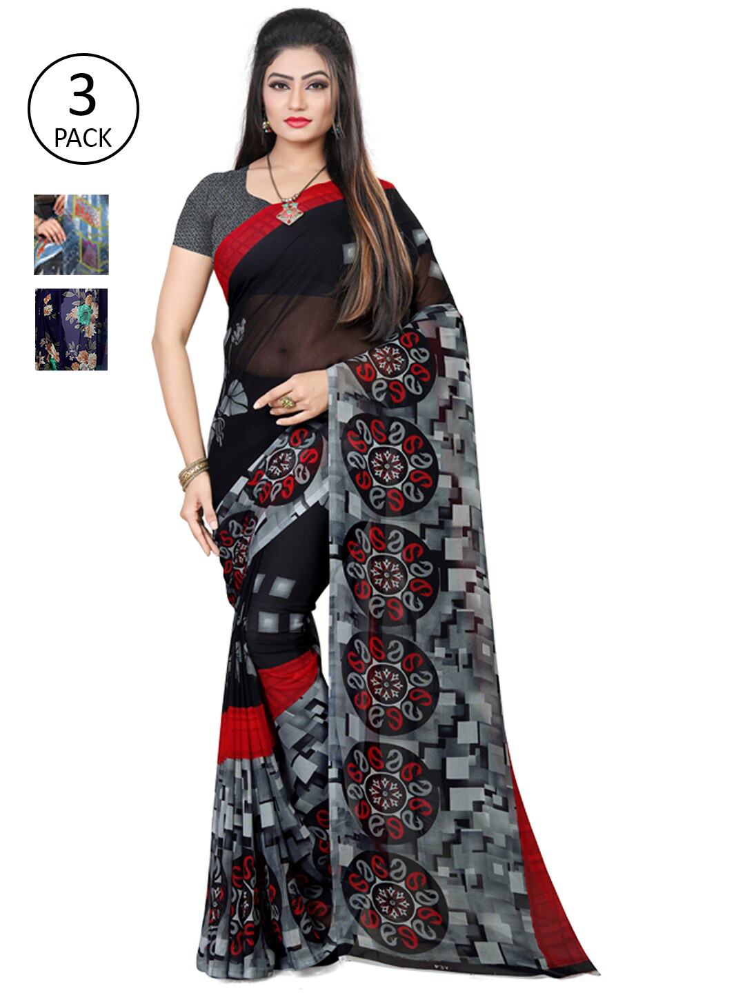 

ANAND SAREES Pack Of 3 Poly Georgette Floral Sarees, Black