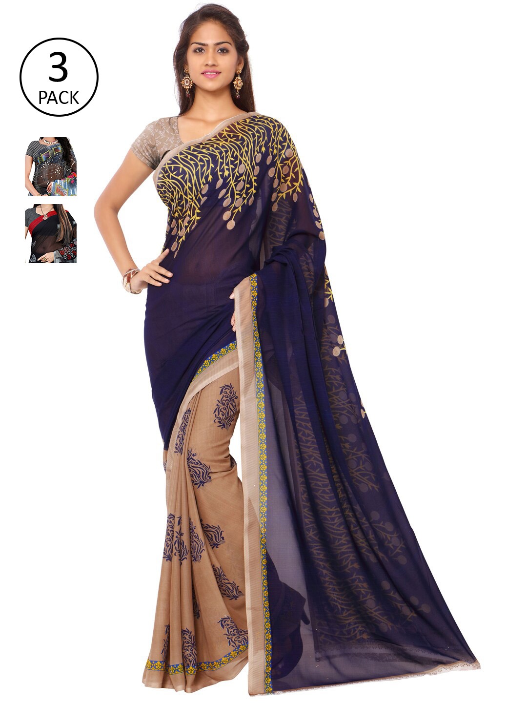

ANAND SAREES Pack of 3 Printed Poly Georgette Saree, Blue