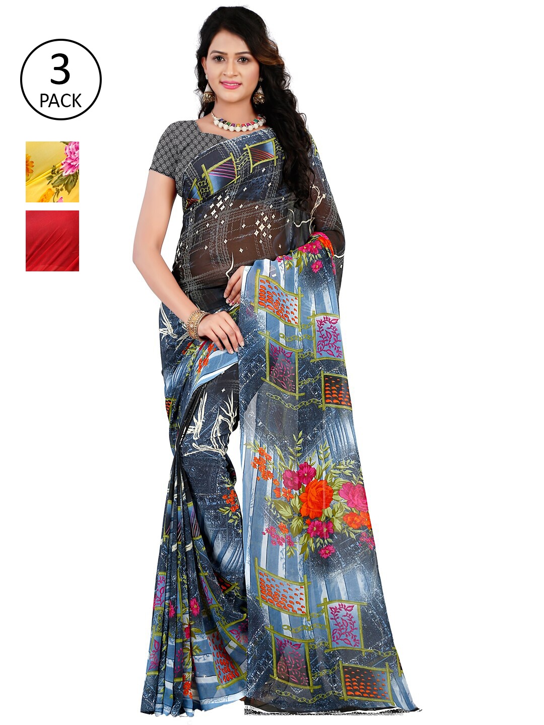 

ANAND SAREES Pack of 3 Printed Poly Georgette Saree, Multi
