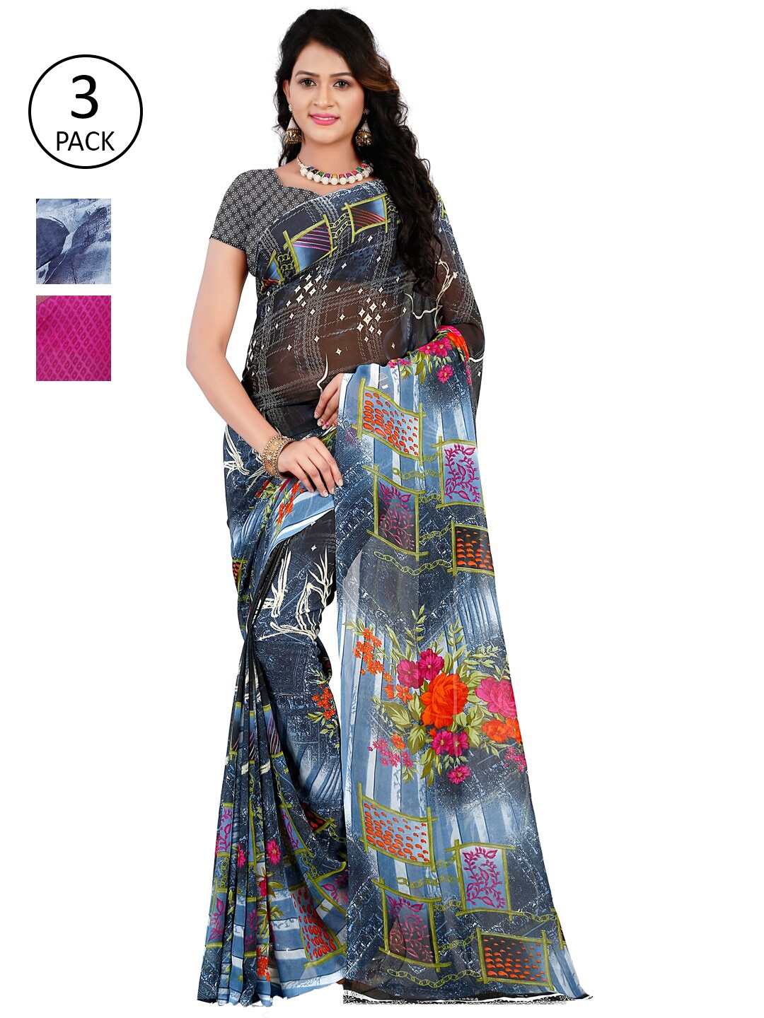 ANAND SAREES Pack of 3 Printed Poly Georgette Saree, Multi