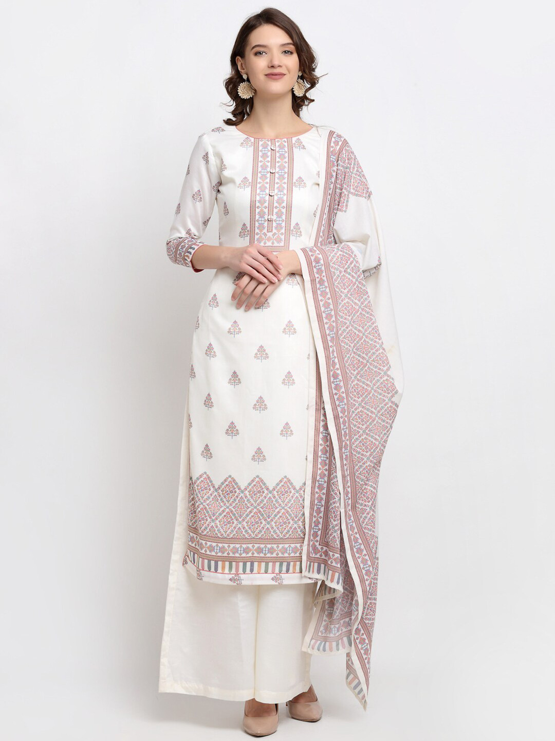 

Stylee LIFESTYLE Cream & Pink Printed Unstitched Dress Material