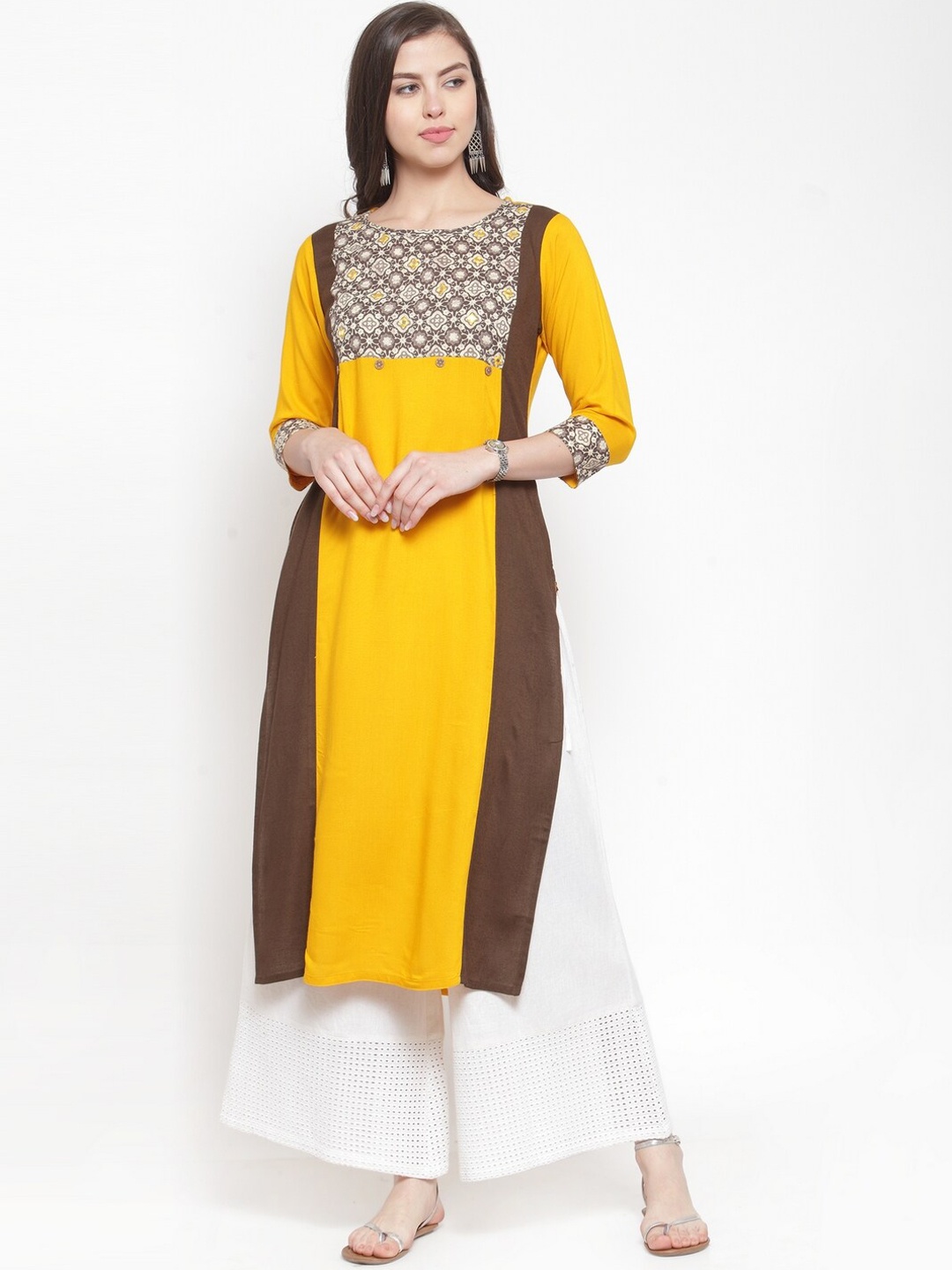 

KSUT Women Mustard & Brown Colourblocked Kurta
