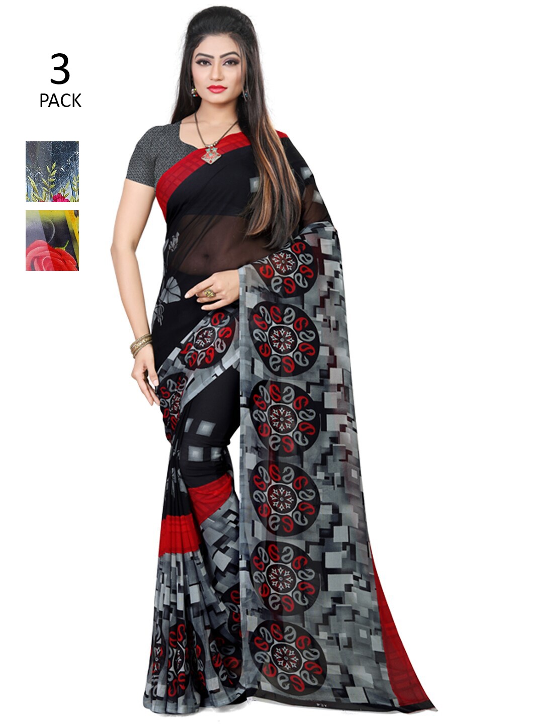 

ANAND SAREES Pack Of 3 Black & Grey Floral Sarees