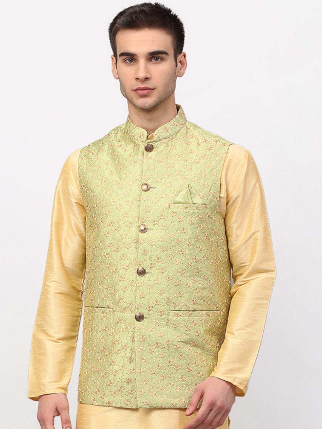Jompers Men Cream-Coloured & Gold-Coloured Embroidered Woven Nehru Jacket, Green