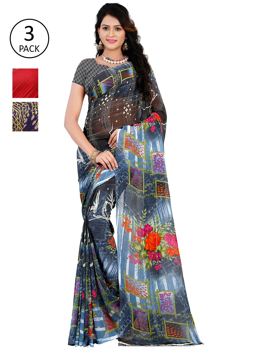 

ANAND SAREES Pack of 3 Poly Georgette Saree, Red