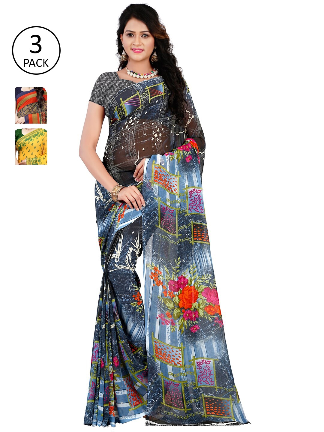 ANAND SAREES Pack of 3 Poly Georgette Saree, Grey