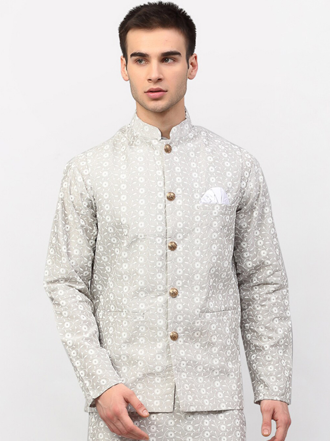 

Jompers Men Grey Embroidered Pure Cotton Nehru Jacket