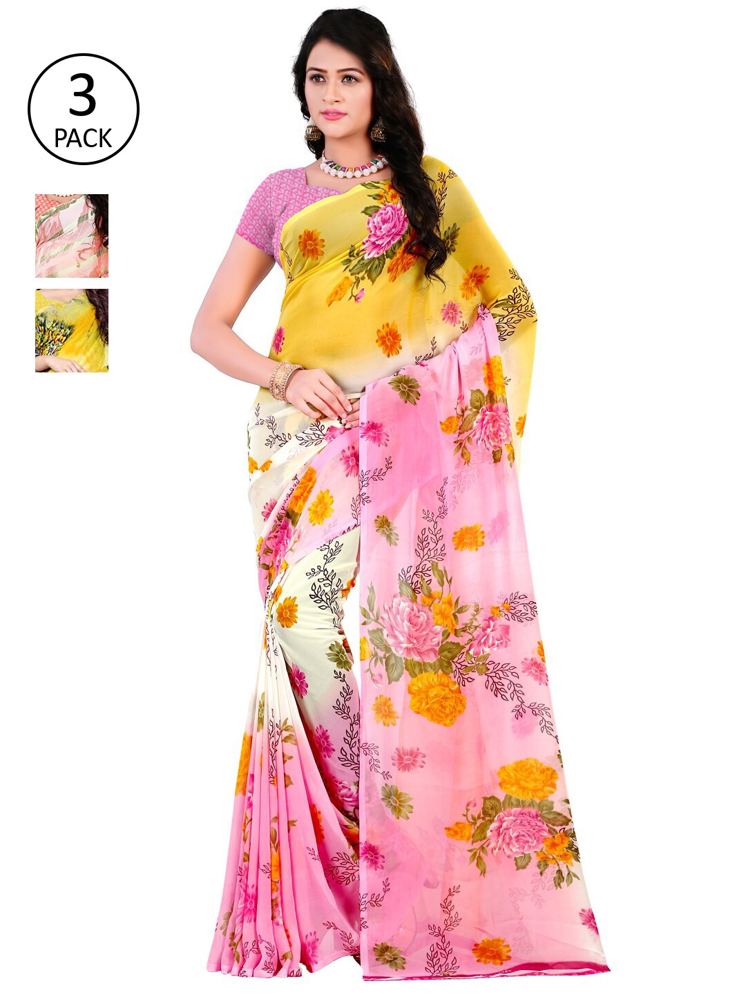 

ANAND SAREES Pack Of 3 Yellow & Pink Poly Georgette Floral Saree