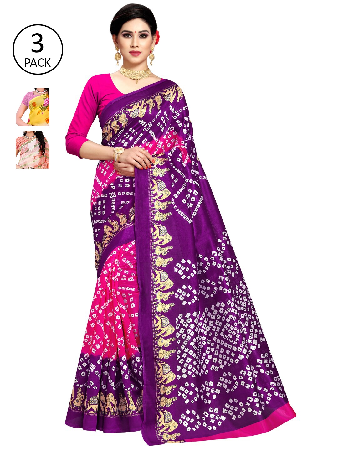 

KALINI Pack Of 3 Purple & Yellow Floral Bandhani Sarees