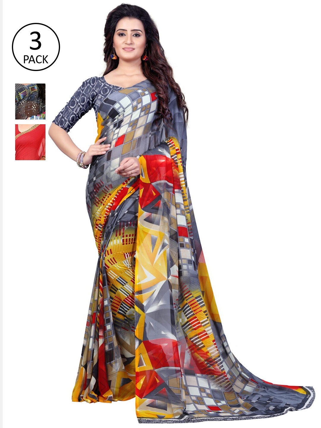 

ANAND SAREES Pack Of 3 Poly Georgette Sarees, Red
