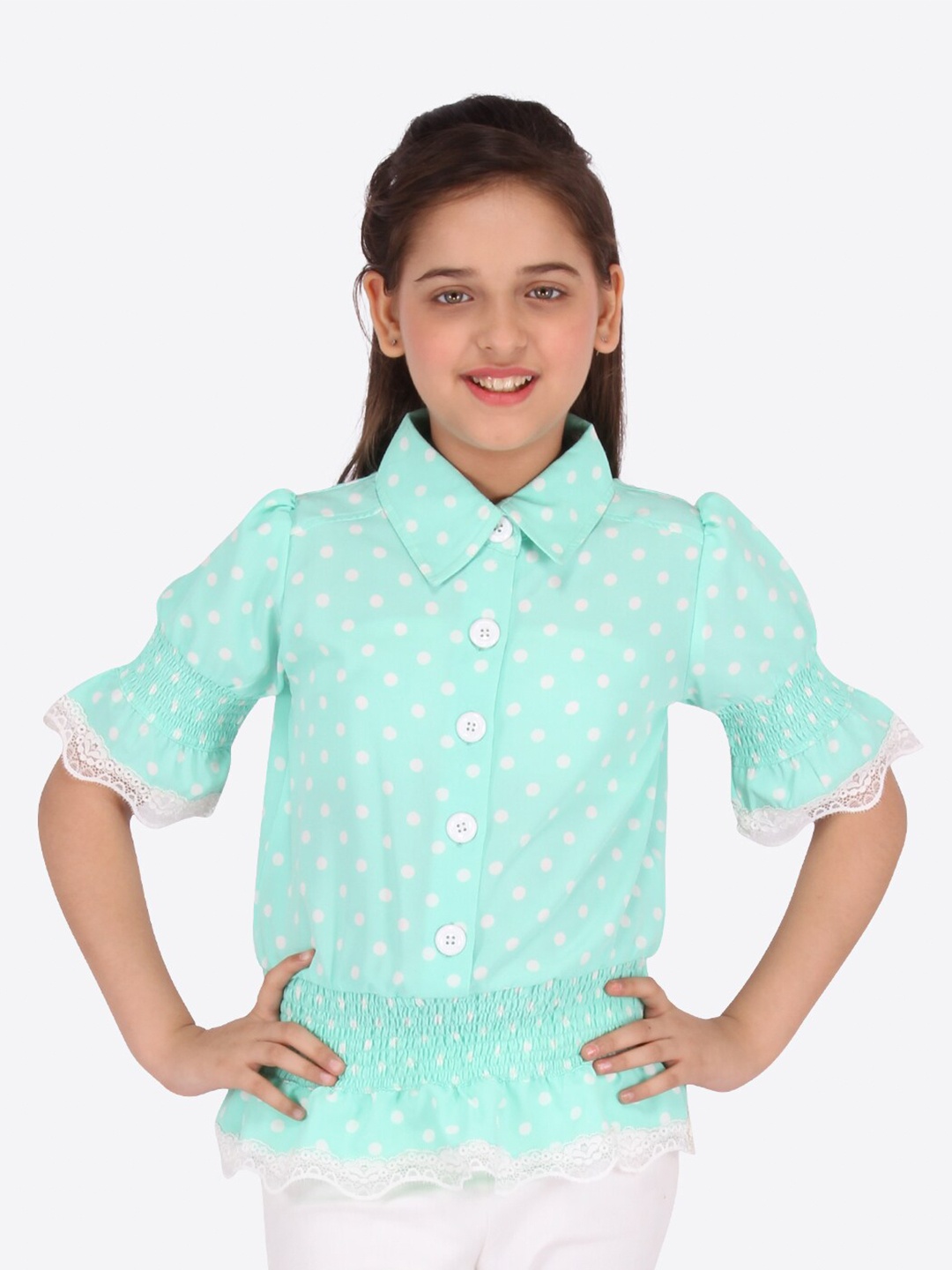 

CUTECUMBER Girls Green Puff Sleeve Shirt Style Top