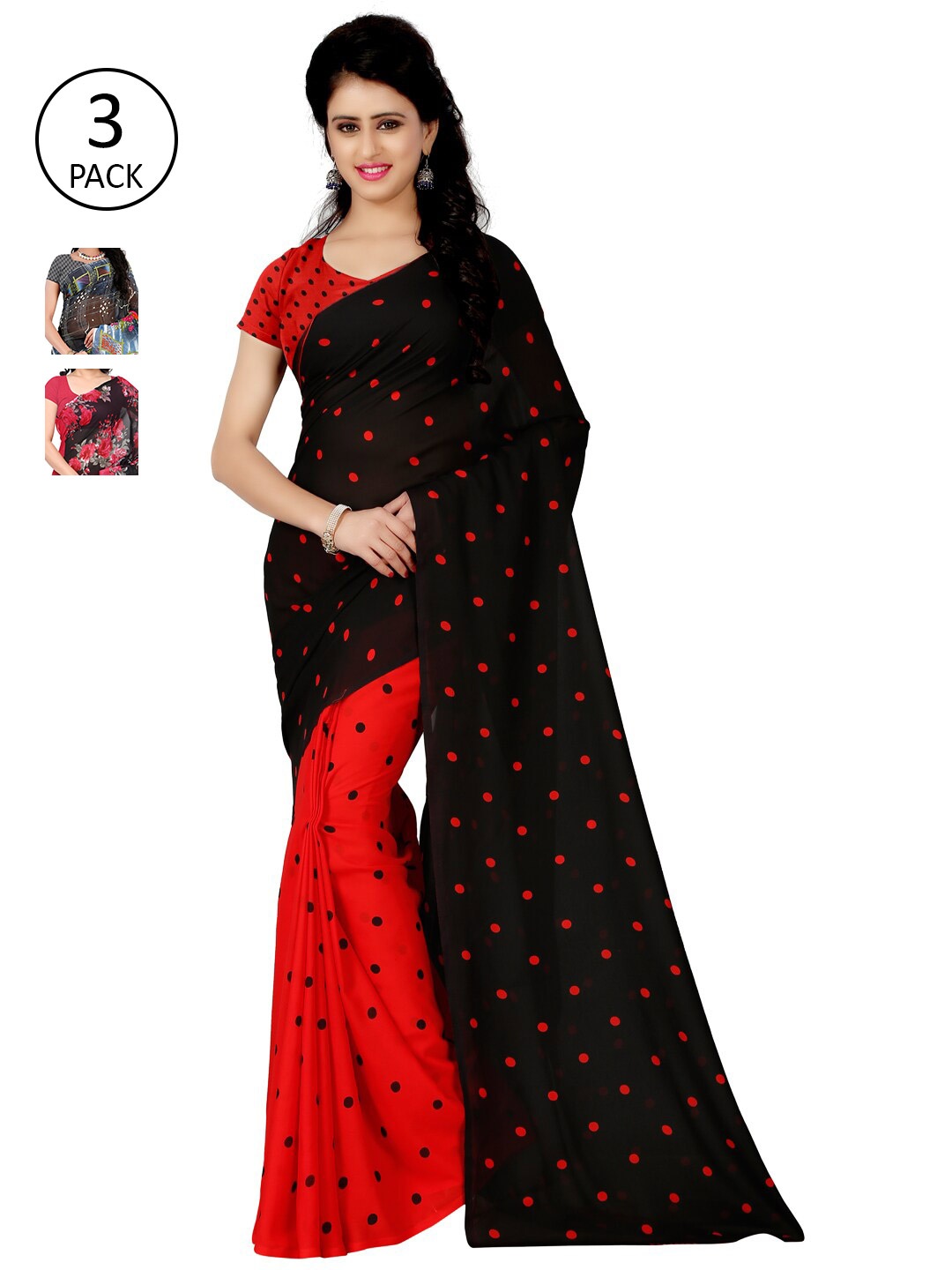 ANAND SAREES Pack Of 3 Black & Red Floral Half and Half Sarees