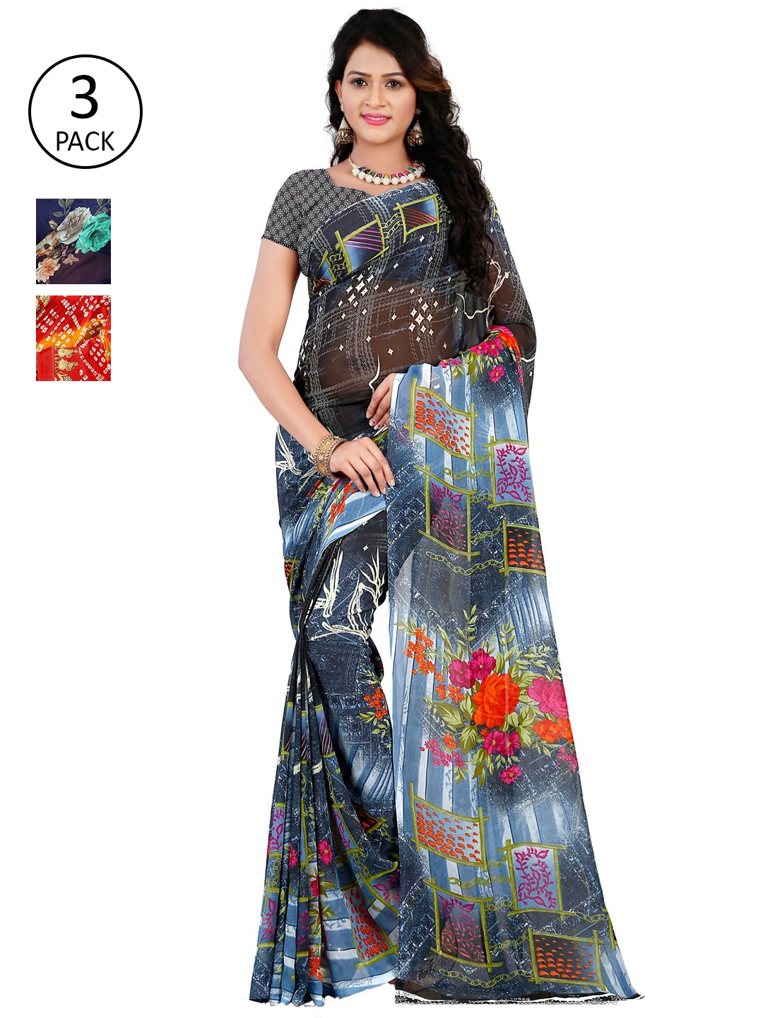 

KALINI Pack of 3 Floral Printed Saree, Grey